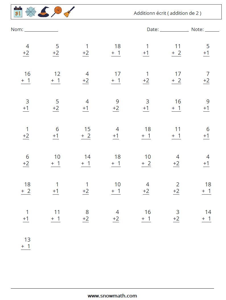 (50) Additionn écrit ( addition de 2 ) Fiches d'Exercices de Mathématiques 17