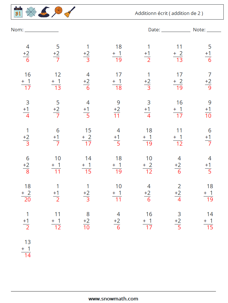 (50) Additionn écrit ( addition de 2 ) Fiches d'Exercices de Mathématiques 17 Question, Réponse