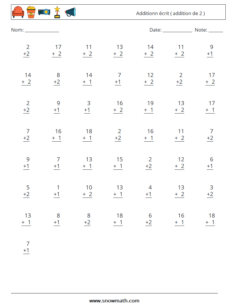 (50) Additionn écrit ( addition de 2 ) Fiches d'Exercices de Mathématiques 18