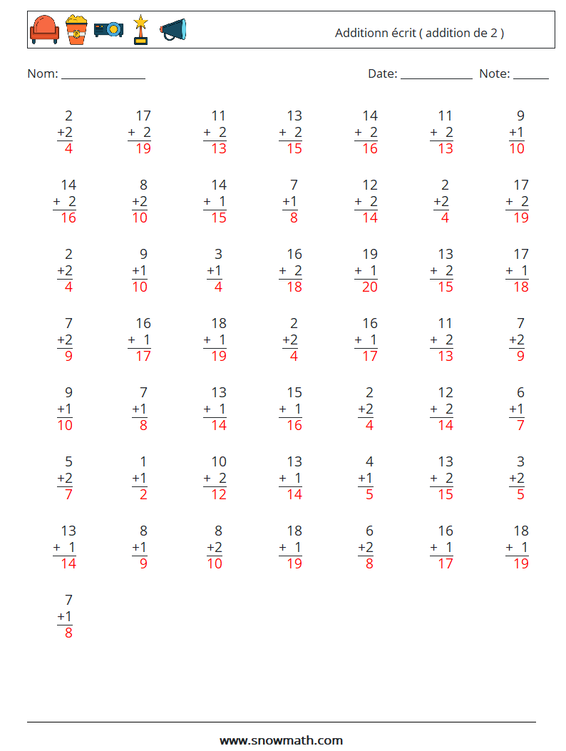 (50) Additionn écrit ( addition de 2 ) Fiches d'Exercices de Mathématiques 18 Question, Réponse