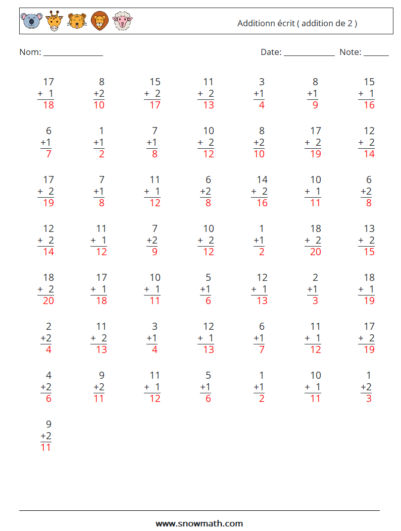 (50) Additionn écrit ( addition de 2 ) Fiches d'Exercices de Mathématiques 1 Question, Réponse