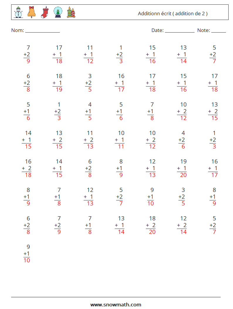 (50) Additionn écrit ( addition de 2 ) Fiches d'Exercices de Mathématiques 2 Question, Réponse