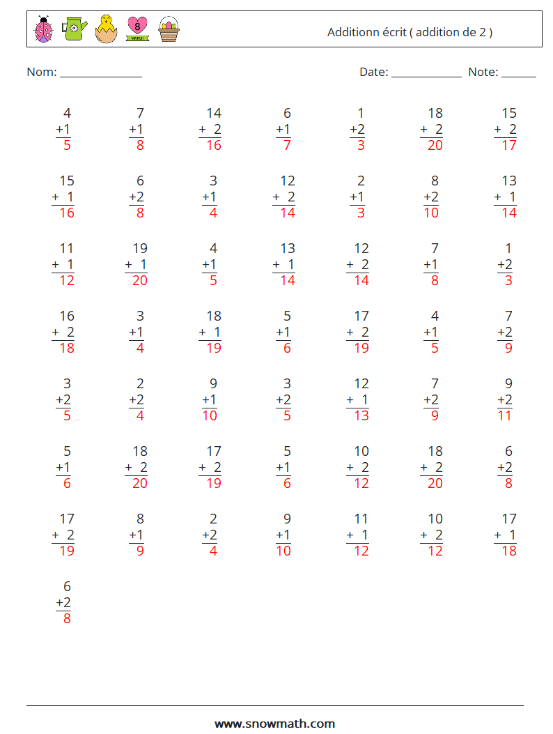 (50) Additionn écrit ( addition de 2 ) Fiches d'Exercices de Mathématiques 3 Question, Réponse