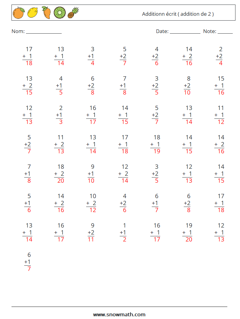 (50) Additionn écrit ( addition de 2 ) Fiches d'Exercices de Mathématiques 4 Question, Réponse