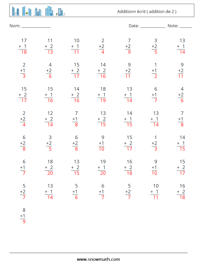 (50) Additionn écrit ( addition de 2 ) Fiches d'Exercices de Mathématiques 5 Question, Réponse