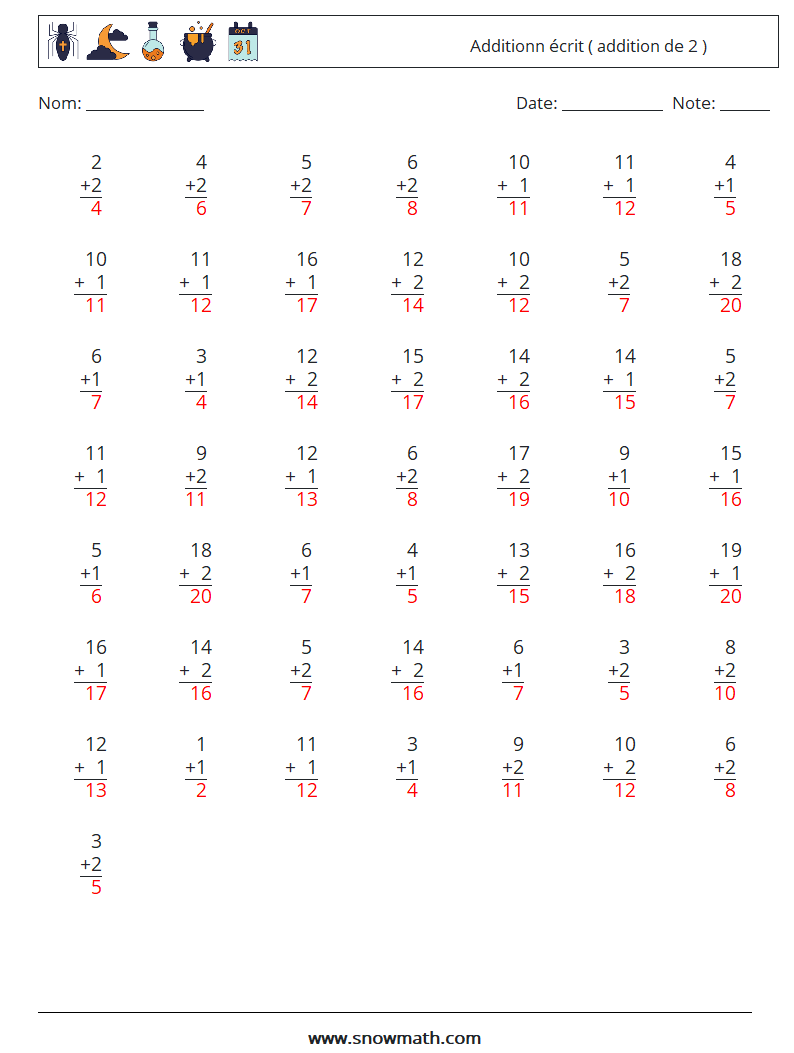 (50) Additionn écrit ( addition de 2 ) Fiches d'Exercices de Mathématiques 6 Question, Réponse