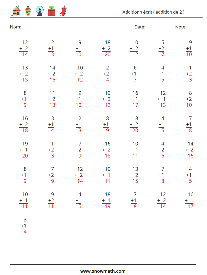 (50) Additionn écrit ( addition de 2 ) Fiches d'Exercices de Mathématiques 7 Question, Réponse