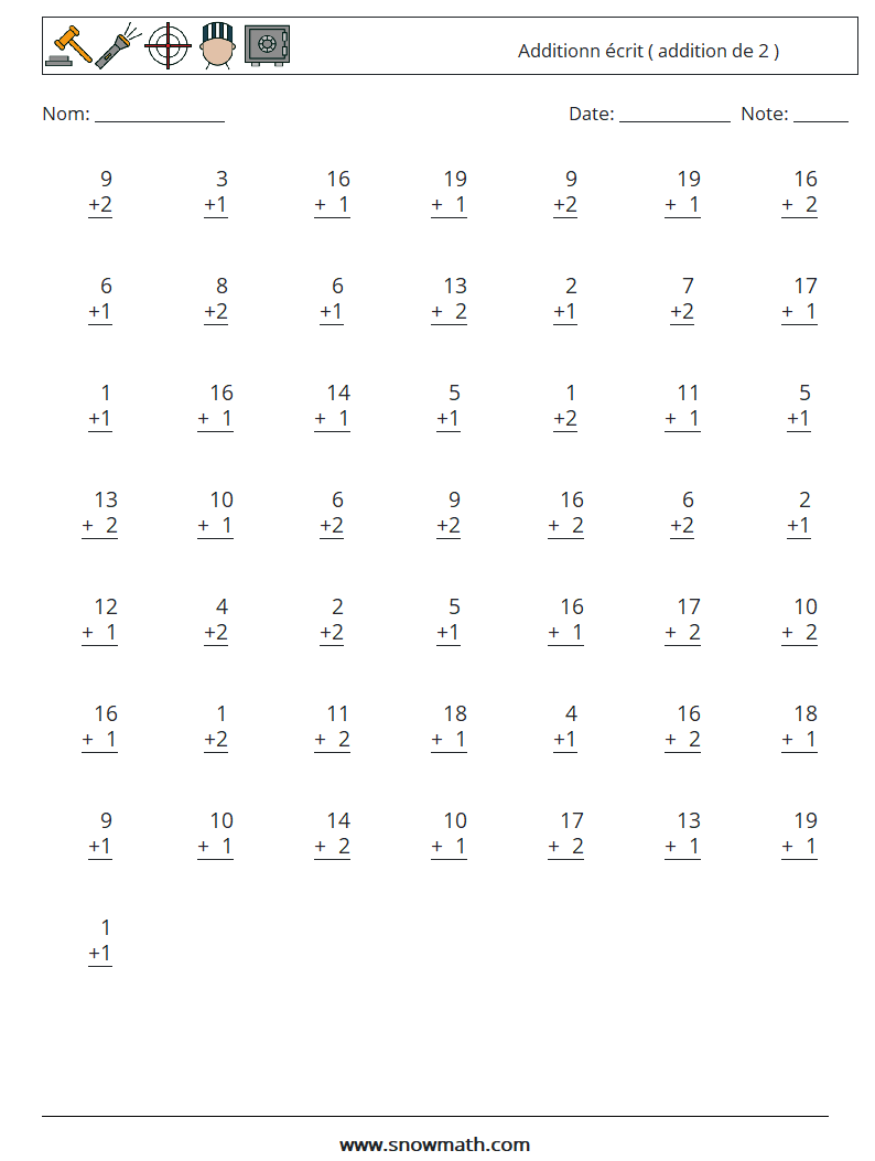 (50) Additionn écrit ( addition de 2 ) Fiches d'Exercices de Mathématiques 8