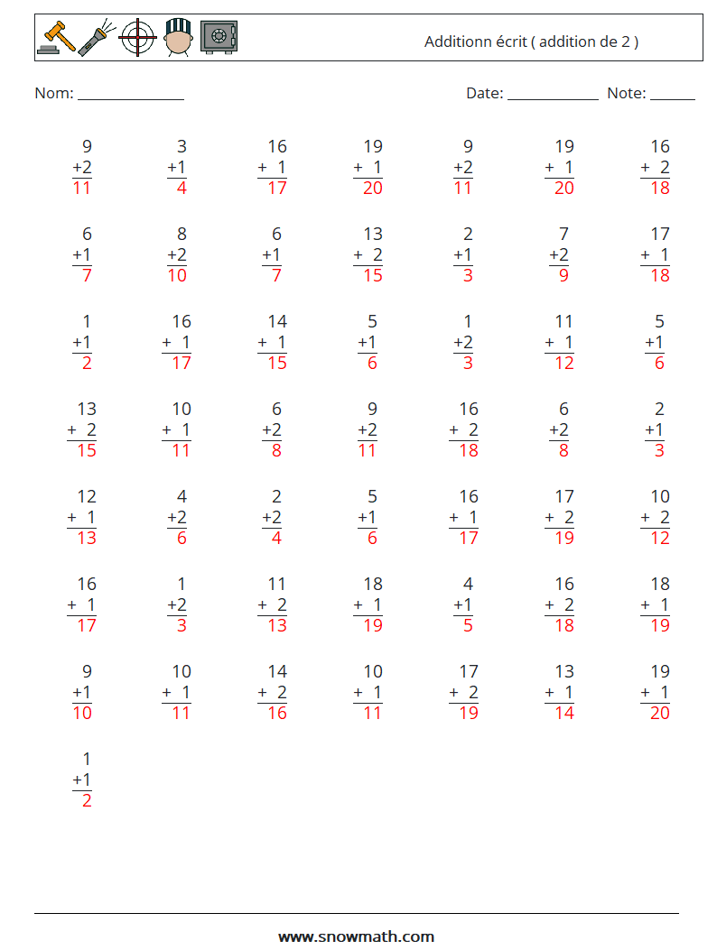 (50) Additionn écrit ( addition de 2 ) Fiches d'Exercices de Mathématiques 8 Question, Réponse