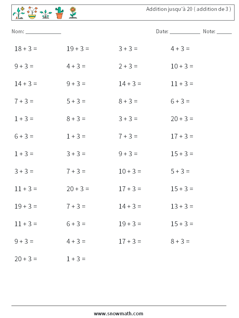 (50) Addition jusqu'à 20 ( addition de 3 ) Fiches d'Exercices de Mathématiques 1