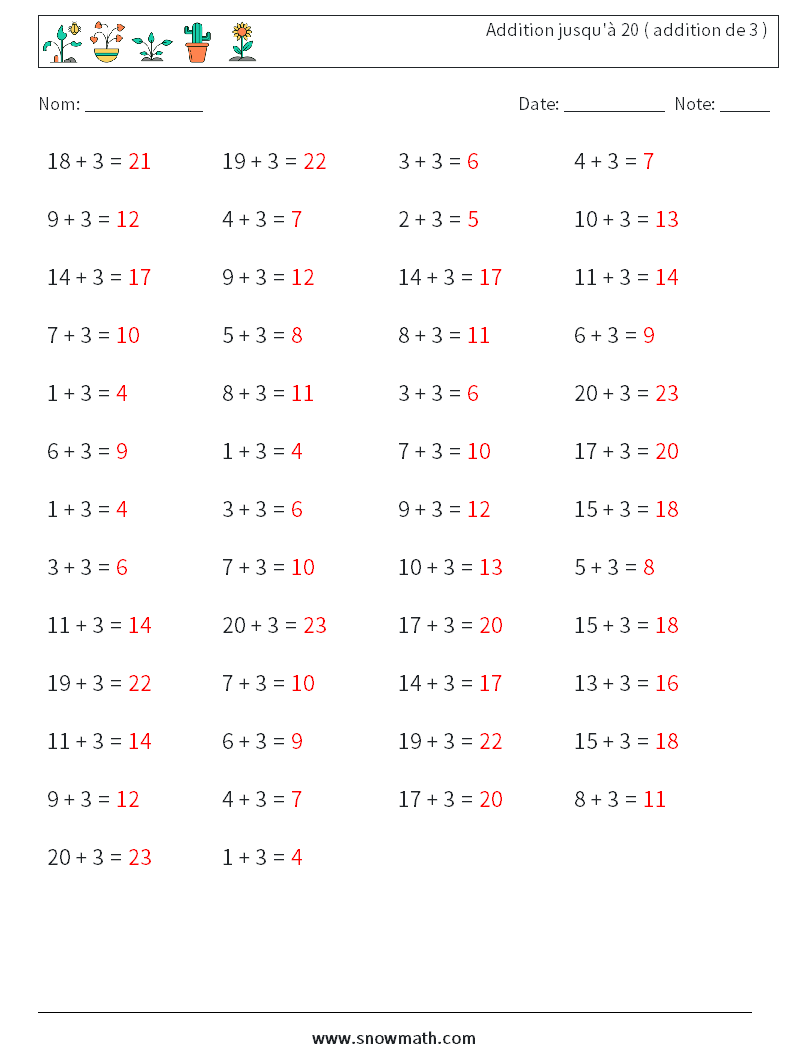 (50) Addition jusqu'à 20 ( addition de 3 ) Fiches d'Exercices de Mathématiques 1 Question, Réponse