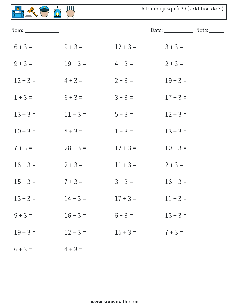 (50) Addition jusqu'à 20 ( addition de 3 ) Fiches d'Exercices de Mathématiques 2
