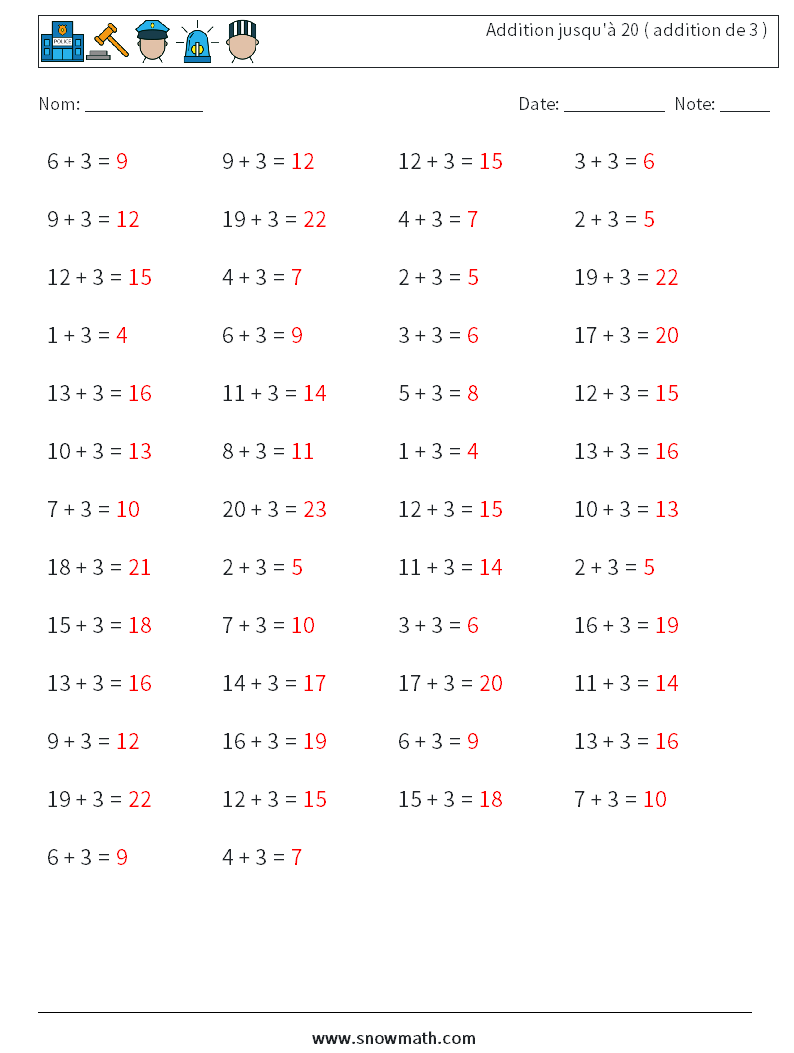 (50) Addition jusqu'à 20 ( addition de 3 ) Fiches d'Exercices de Mathématiques 2 Question, Réponse