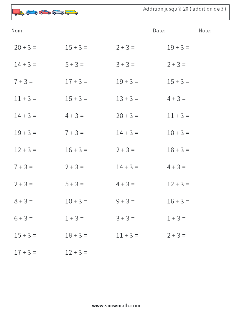 (50) Addition jusqu'à 20 ( addition de 3 ) Fiches d'Exercices de Mathématiques 3