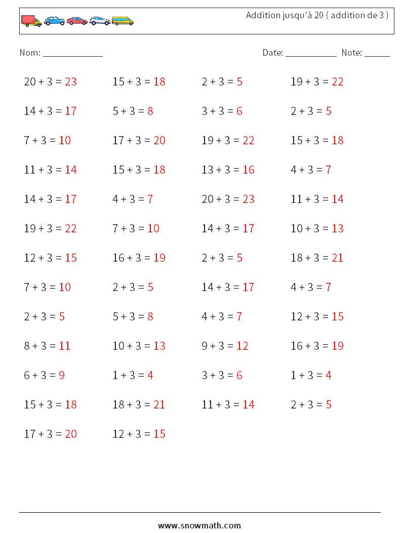 (50) Addition jusqu'à 20 ( addition de 3 ) Fiches d'Exercices de Mathématiques 3 Question, Réponse