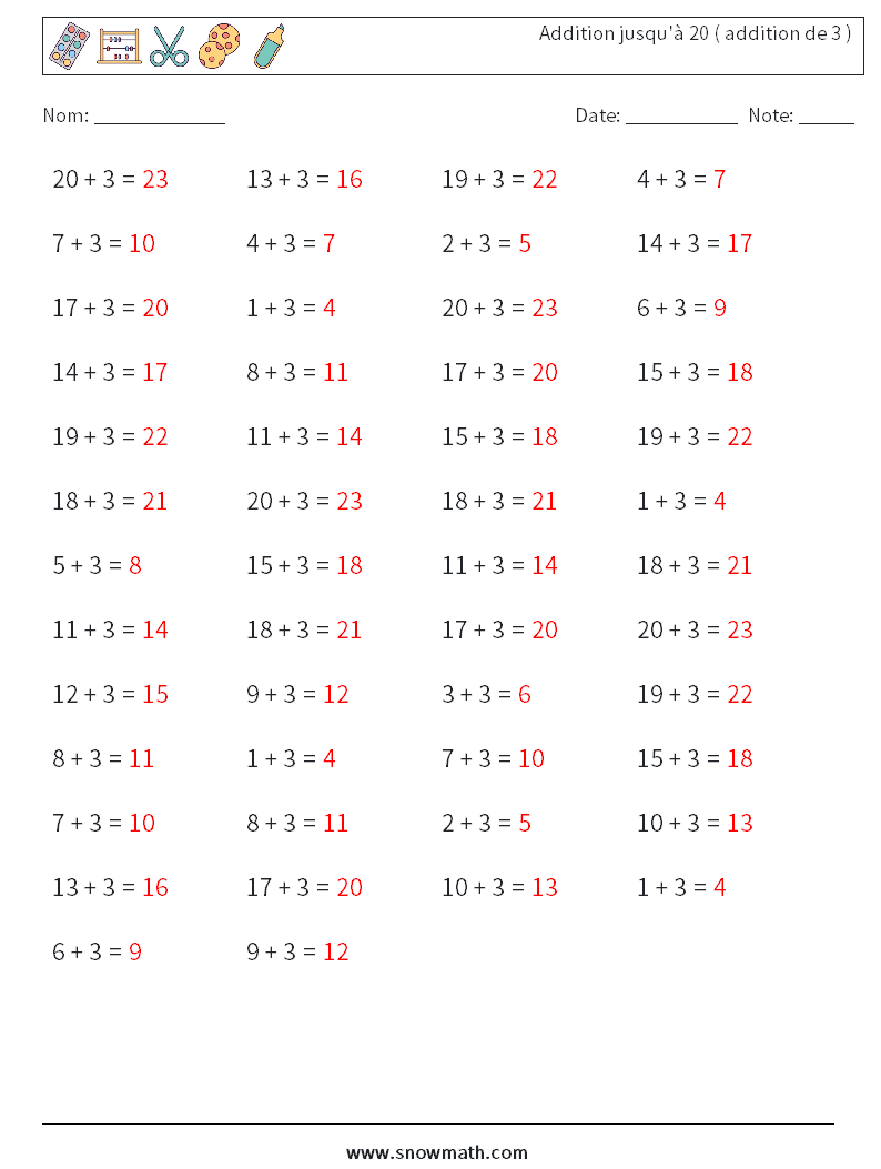 (50) Addition jusqu'à 20 ( addition de 3 ) Fiches d'Exercices de Mathématiques 5 Question, Réponse