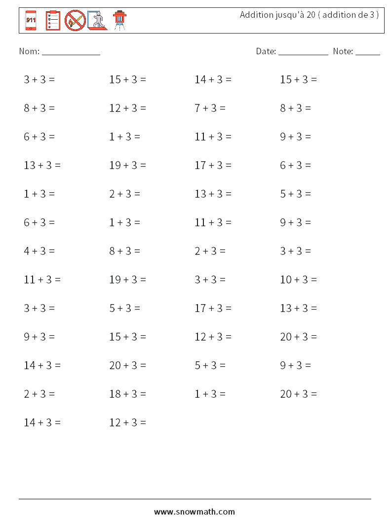 (50) Addition jusqu'à 20 ( addition de 3 ) Fiches d'Exercices de Mathématiques 6