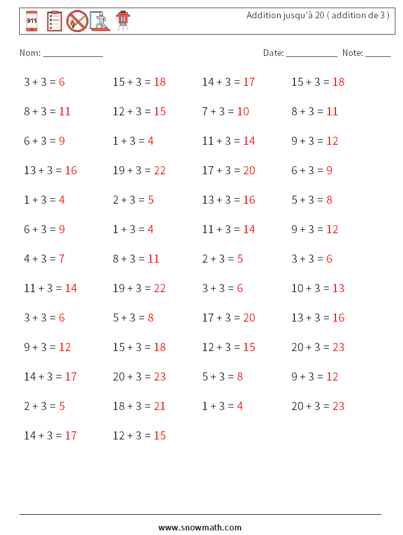 (50) Addition jusqu'à 20 ( addition de 3 ) Fiches d'Exercices de Mathématiques 6 Question, Réponse