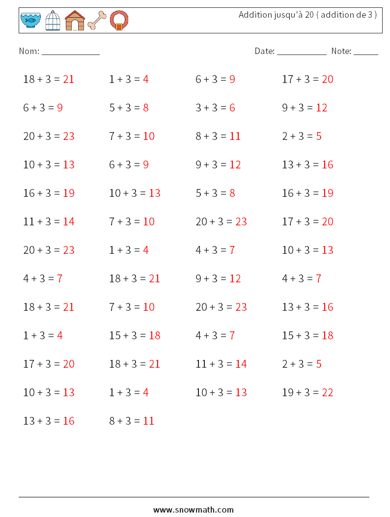 (50) Addition jusqu'à 20 ( addition de 3 ) Fiches d'Exercices de Mathématiques 7 Question, Réponse
