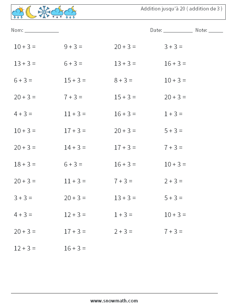 (50) Addition jusqu'à 20 ( addition de 3 ) Fiches d'Exercices de Mathématiques 8