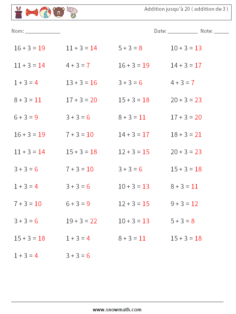 (50) Addition jusqu'à 20 ( addition de 3 ) Fiches d'Exercices de Mathématiques 9 Question, Réponse