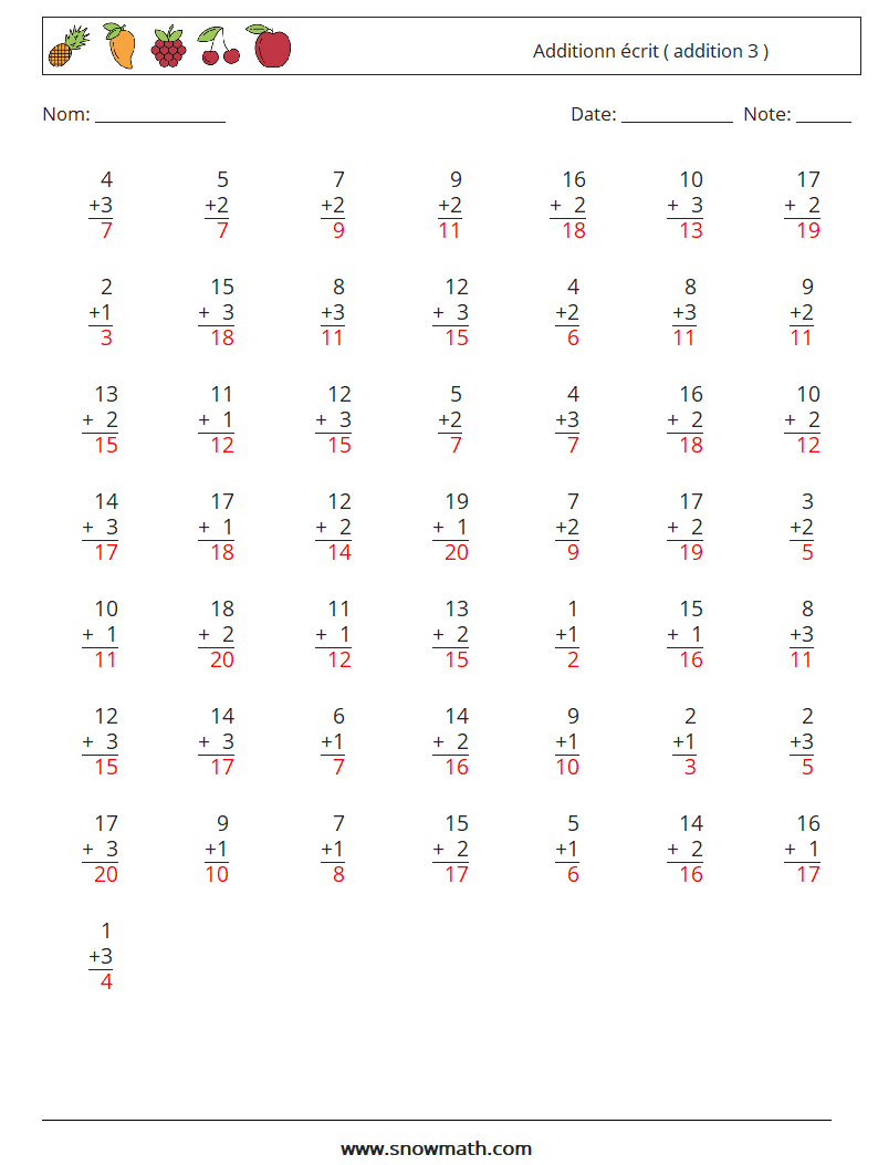 (50) Additionn écrit ( addition 3 ) Fiches d'Exercices de Mathématiques 10 Question, Réponse