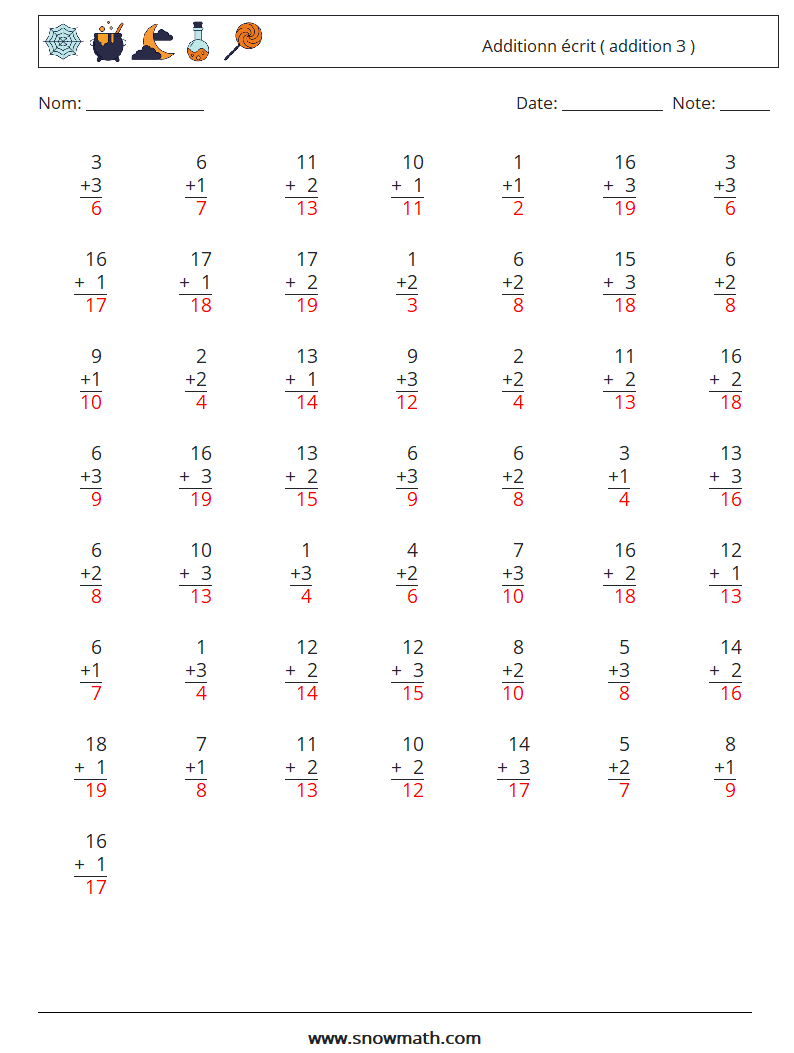 (50) Additionn écrit ( addition 3 ) Fiches d'Exercices de Mathématiques 13 Question, Réponse