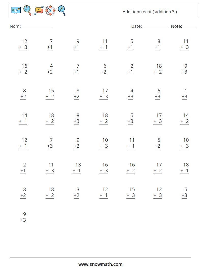 (50) Additionn écrit ( addition 3 ) Fiches d'Exercices de Mathématiques 14