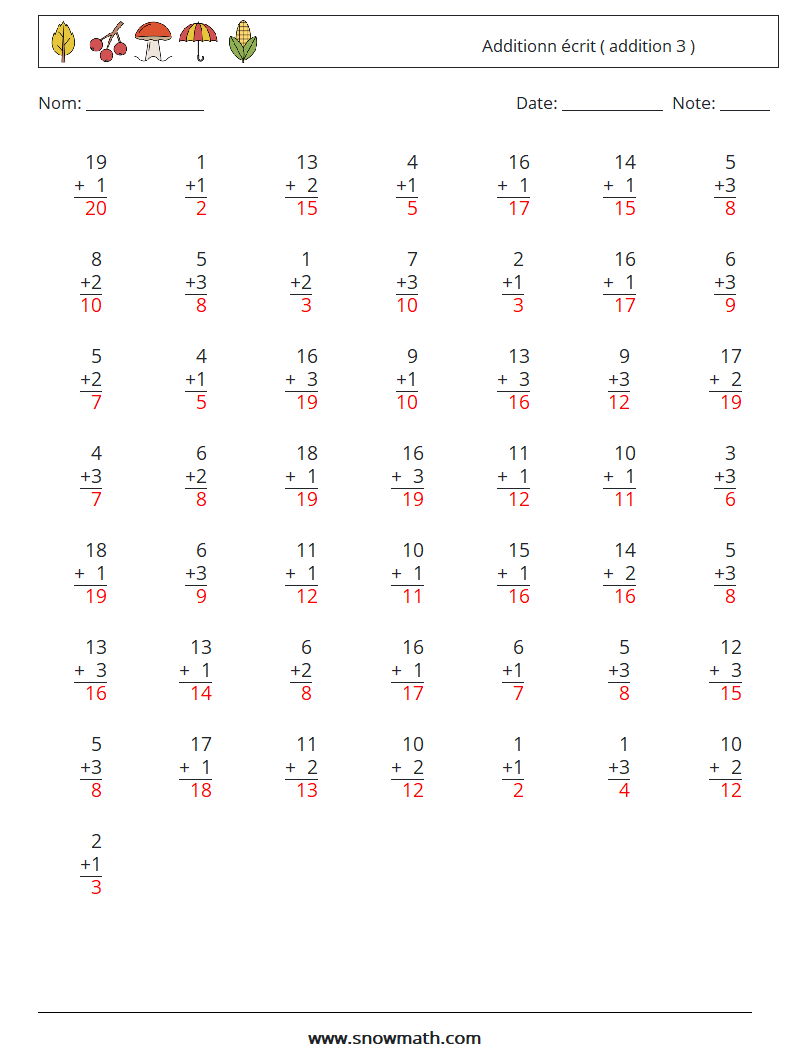 (50) Additionn écrit ( addition 3 ) Fiches d'Exercices de Mathématiques 15 Question, Réponse