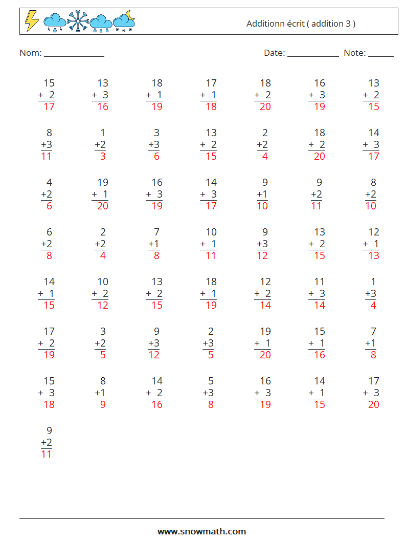 (50) Additionn écrit ( addition 3 ) Fiches d'Exercices de Mathématiques 17 Question, Réponse