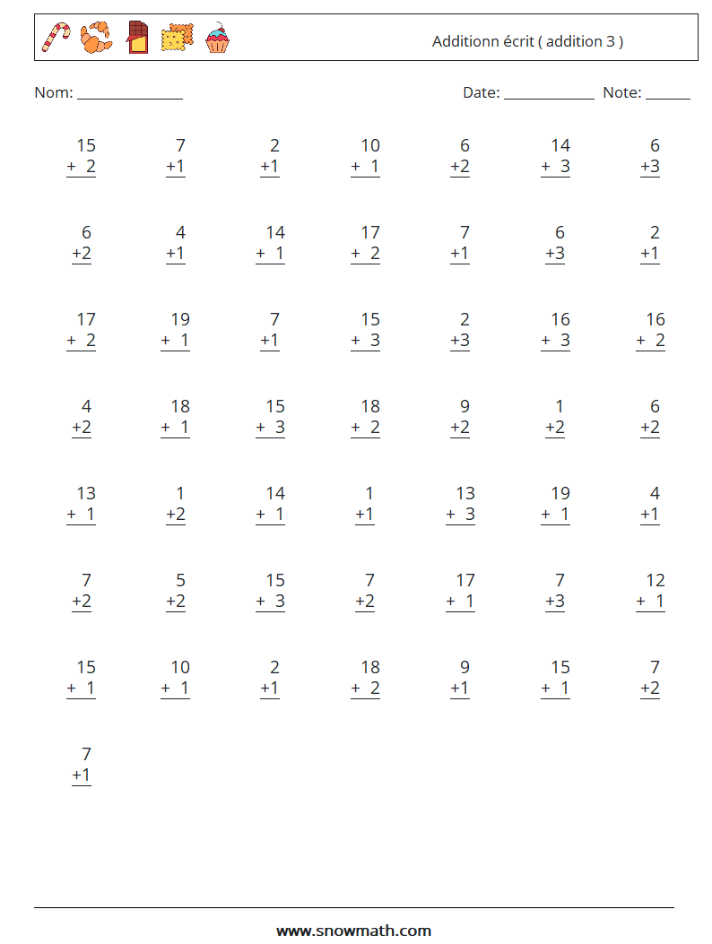 (50) Additionn écrit ( addition 3 ) Fiches d'Exercices de Mathématiques 18