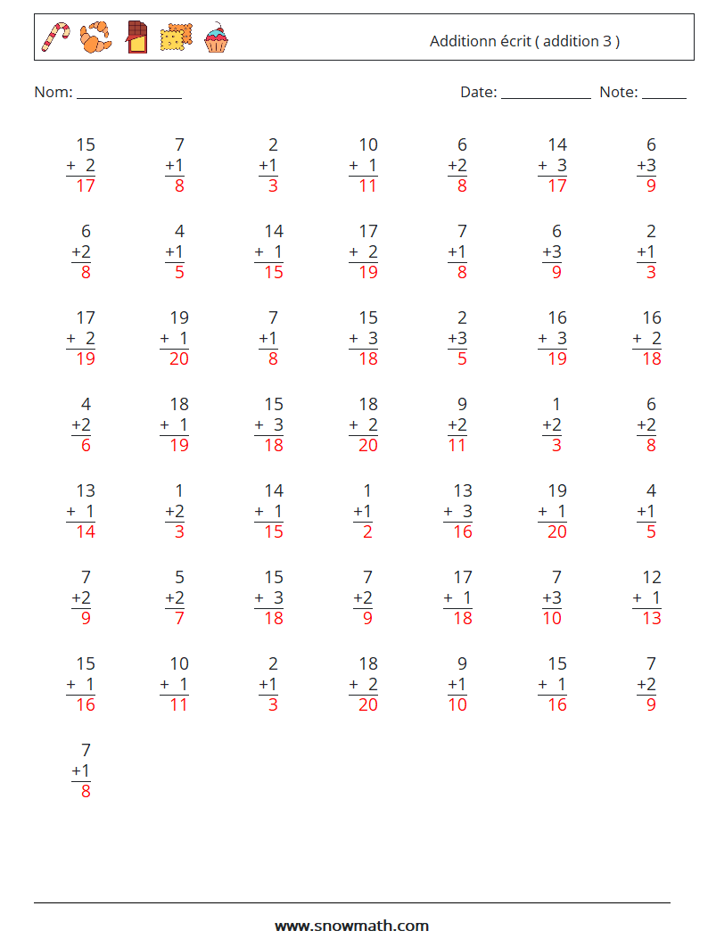 (50) Additionn écrit ( addition 3 ) Fiches d'Exercices de Mathématiques 18 Question, Réponse