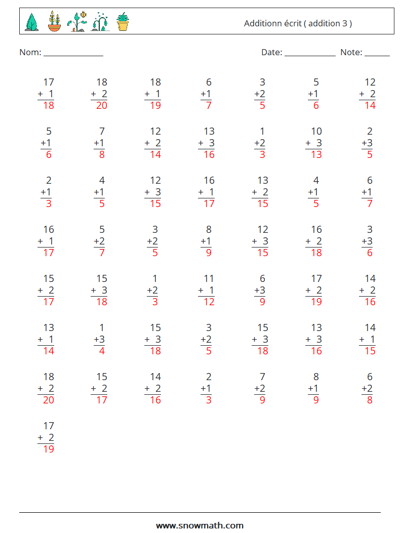 (50) Additionn écrit ( addition 3 ) Fiches d'Exercices de Mathématiques 1 Question, Réponse