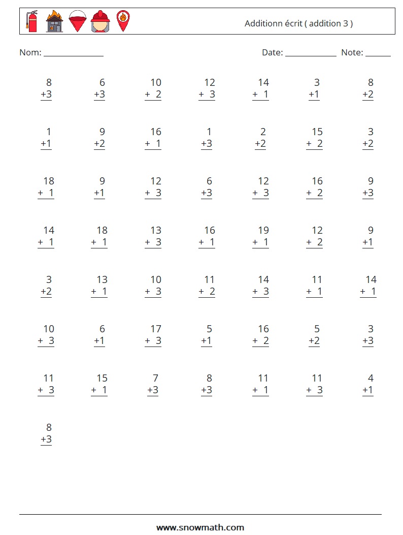 (50) Additionn écrit ( addition 3 ) Fiches d'Exercices de Mathématiques 2