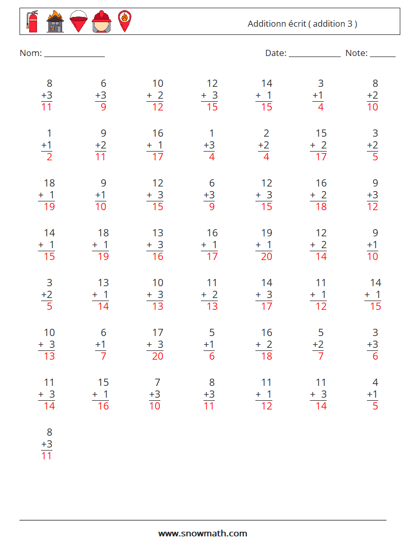 (50) Additionn écrit ( addition 3 ) Fiches d'Exercices de Mathématiques 2 Question, Réponse