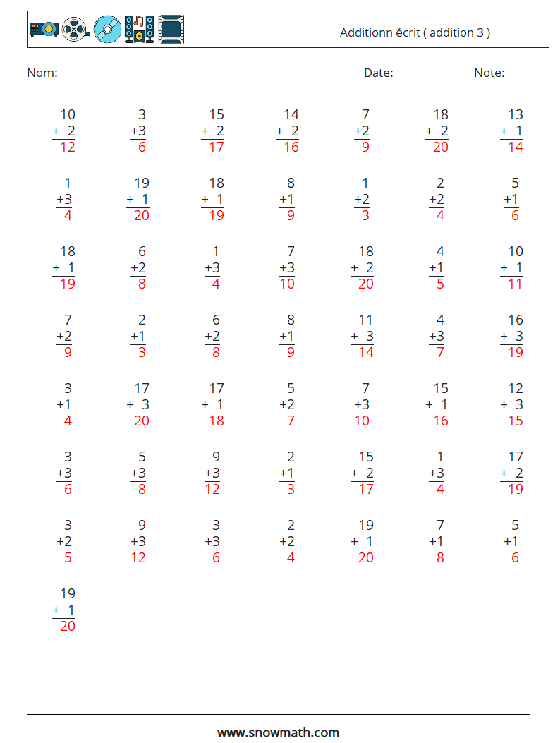 (50) Additionn écrit ( addition 3 ) Fiches d'Exercices de Mathématiques 3 Question, Réponse