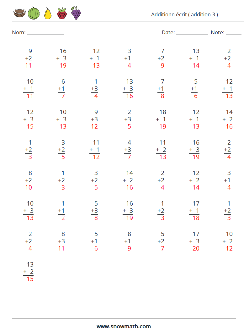 (50) Additionn écrit ( addition 3 ) Fiches d'Exercices de Mathématiques 4 Question, Réponse