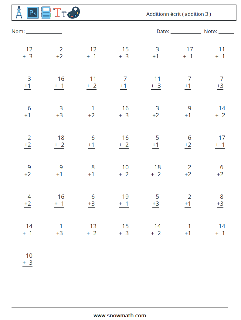 (50) Additionn écrit ( addition 3 ) Fiches d'Exercices de Mathématiques 6