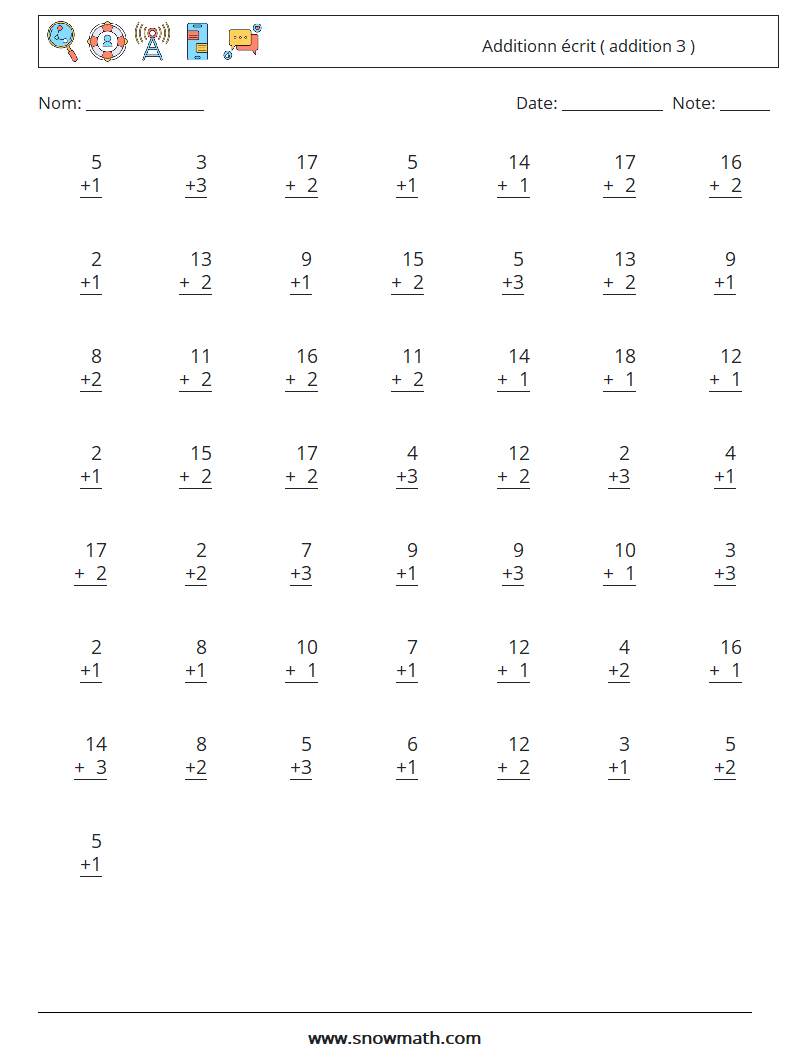 (50) Additionn écrit ( addition 3 ) Fiches d'Exercices de Mathématiques 8