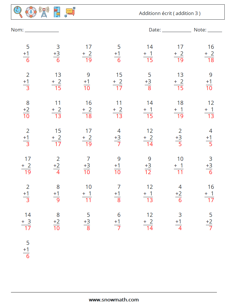 (50) Additionn écrit ( addition 3 ) Fiches d'Exercices de Mathématiques 8 Question, Réponse