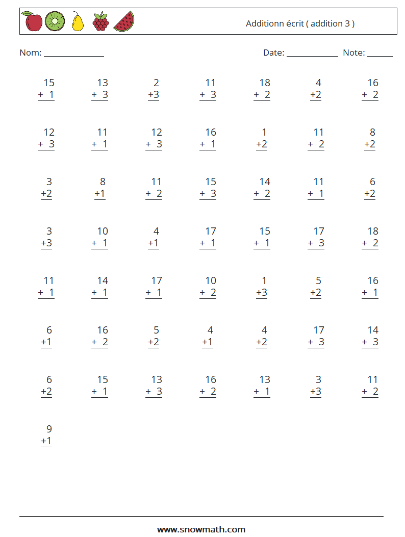 (50) Additionn écrit ( addition 3 ) Fiches d'Exercices de Mathématiques 9