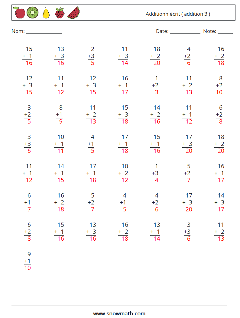 (50) Additionn écrit ( addition 3 ) Fiches d'Exercices de Mathématiques 9 Question, Réponse