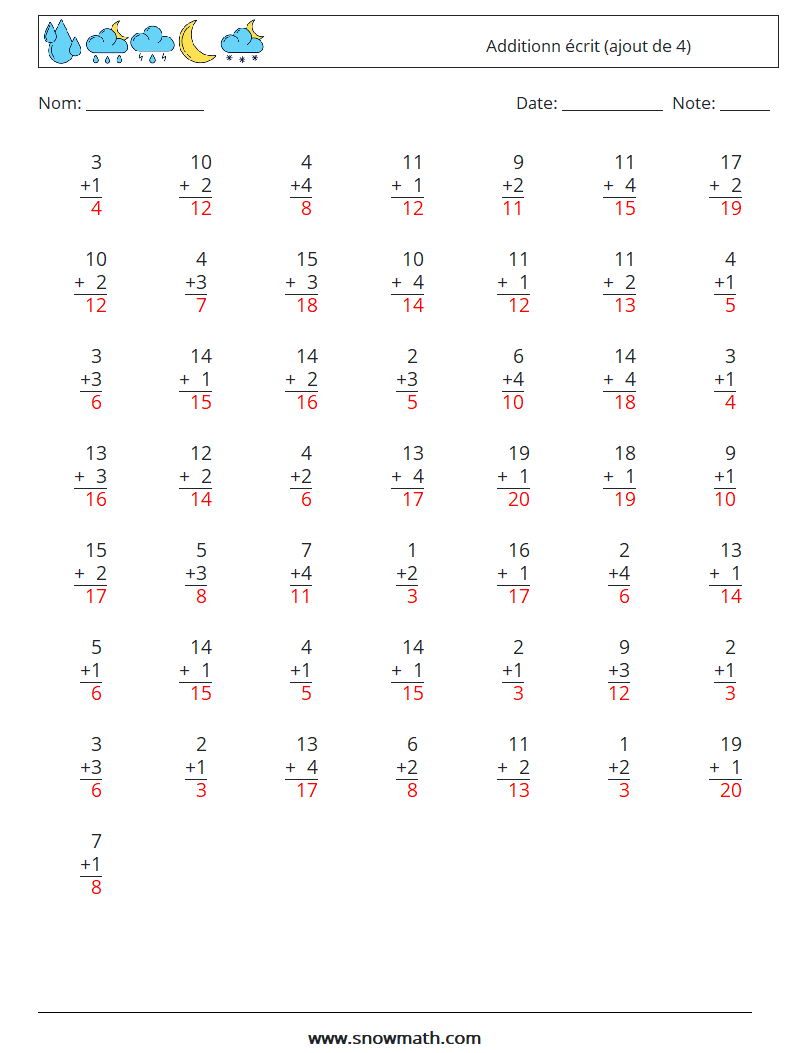 (50) Additionn écrit (ajout de 4) Fiches d'Exercices de Mathématiques 10 Question, Réponse