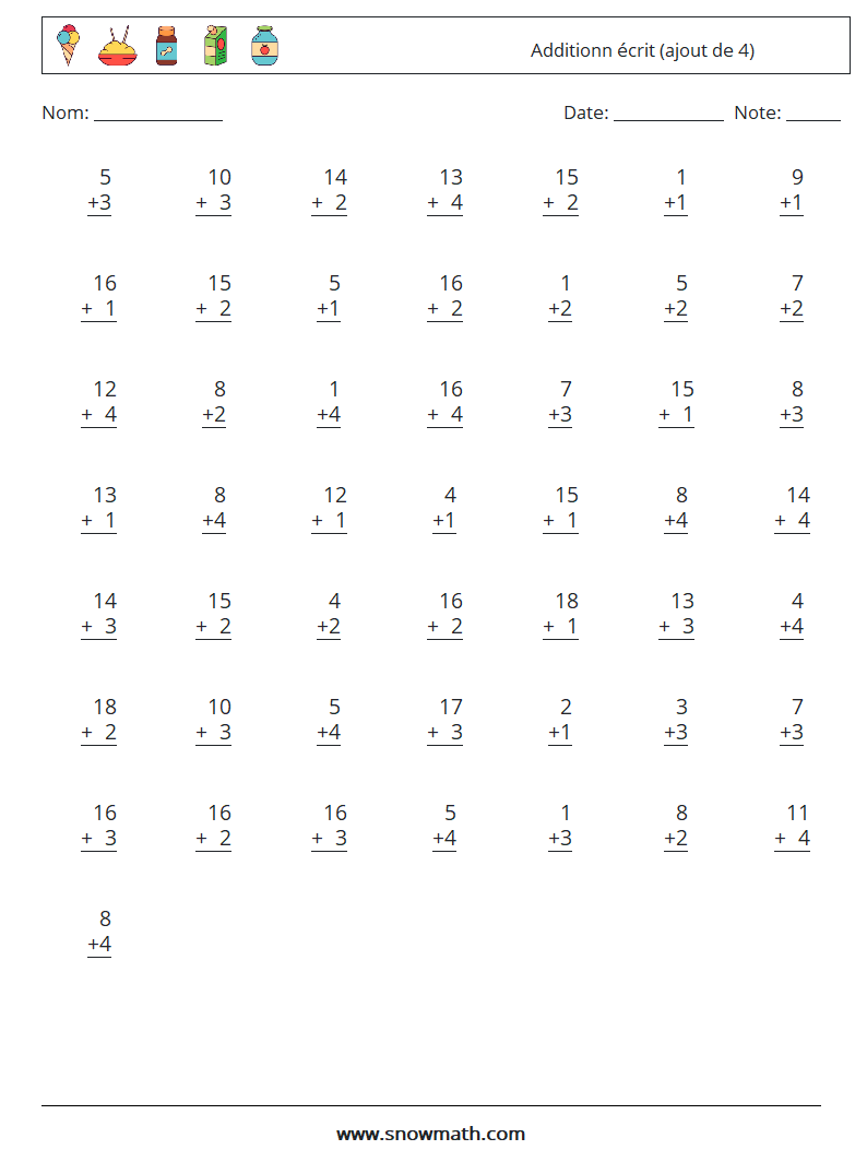 (50) Additionn écrit (ajout de 4) Fiches d'Exercices de Mathématiques 11