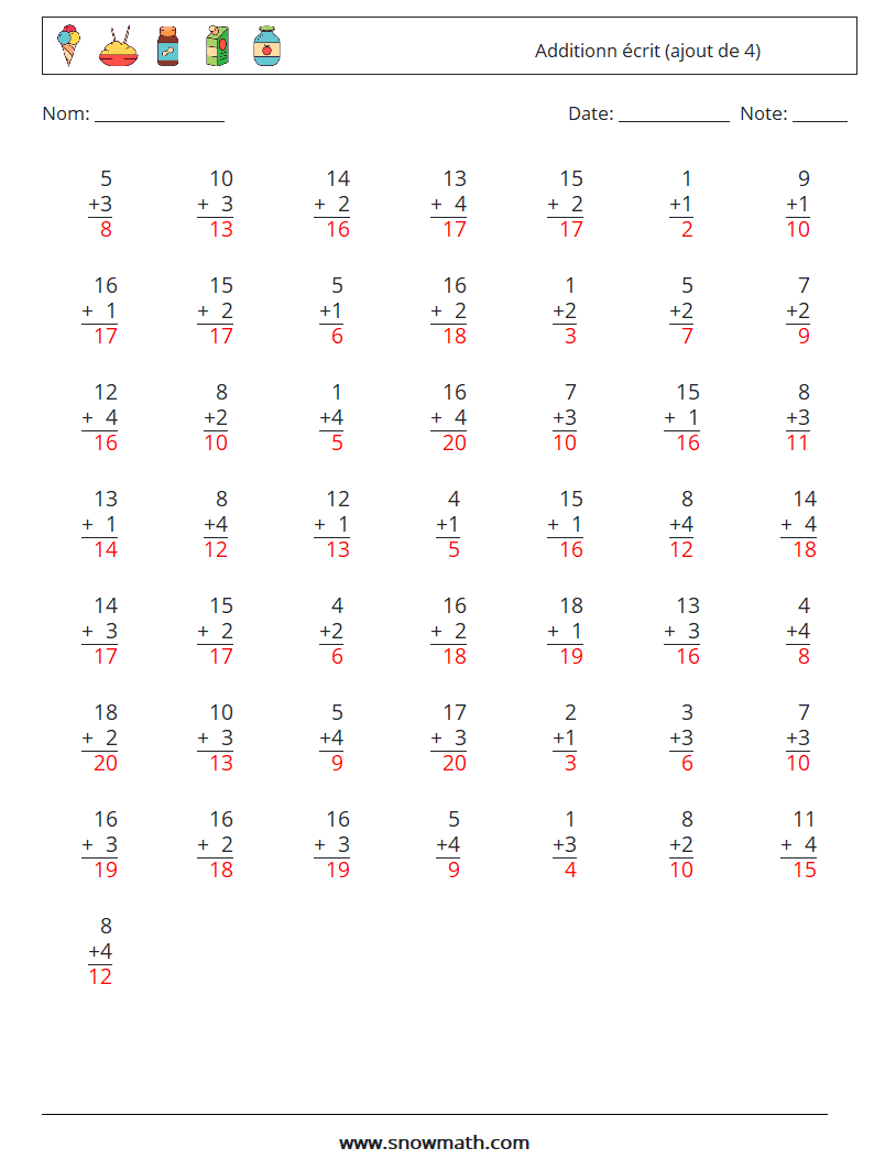 (50) Additionn écrit (ajout de 4) Fiches d'Exercices de Mathématiques 11 Question, Réponse