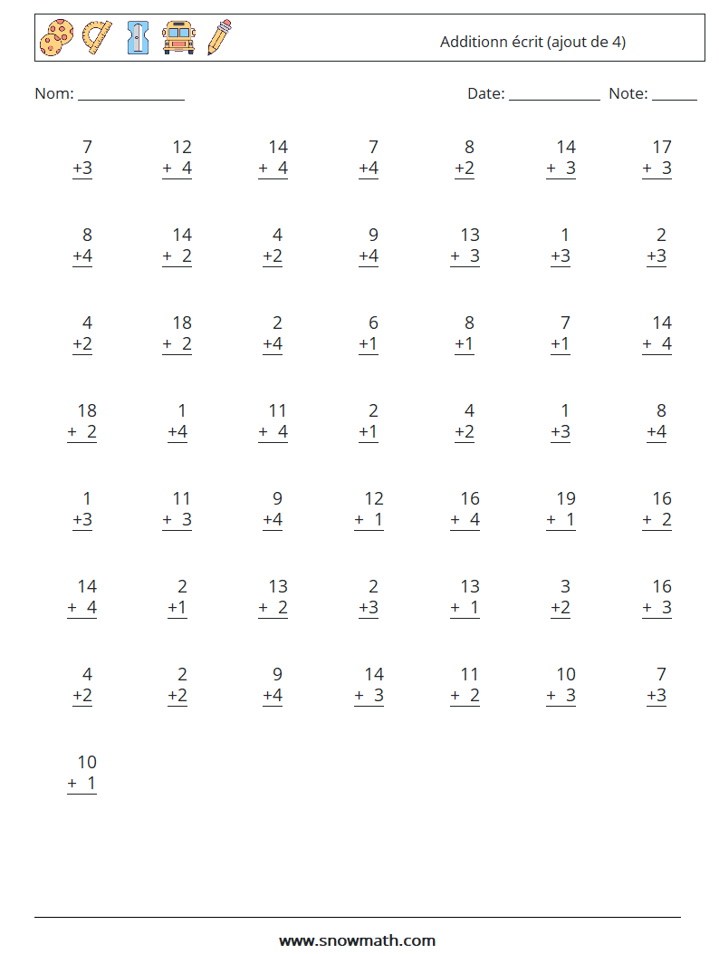 (50) Additionn écrit (ajout de 4) Fiches d'Exercices de Mathématiques 12