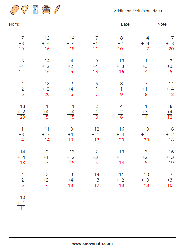 (50) Additionn écrit (ajout de 4) Fiches d'Exercices de Mathématiques 12 Question, Réponse