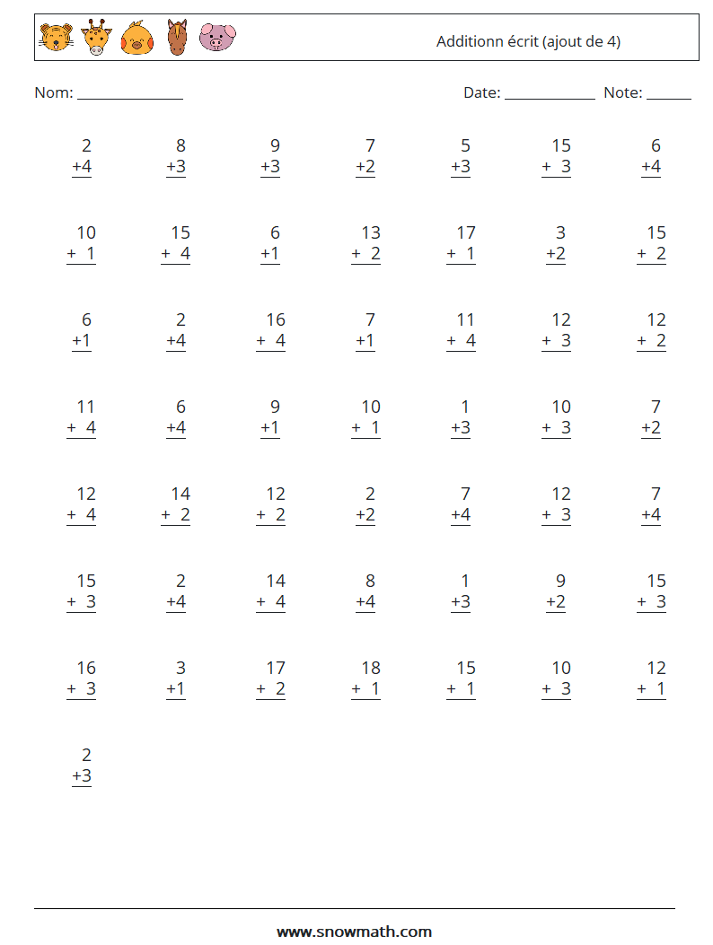 (50) Additionn écrit (ajout de 4) Fiches d'Exercices de Mathématiques 13