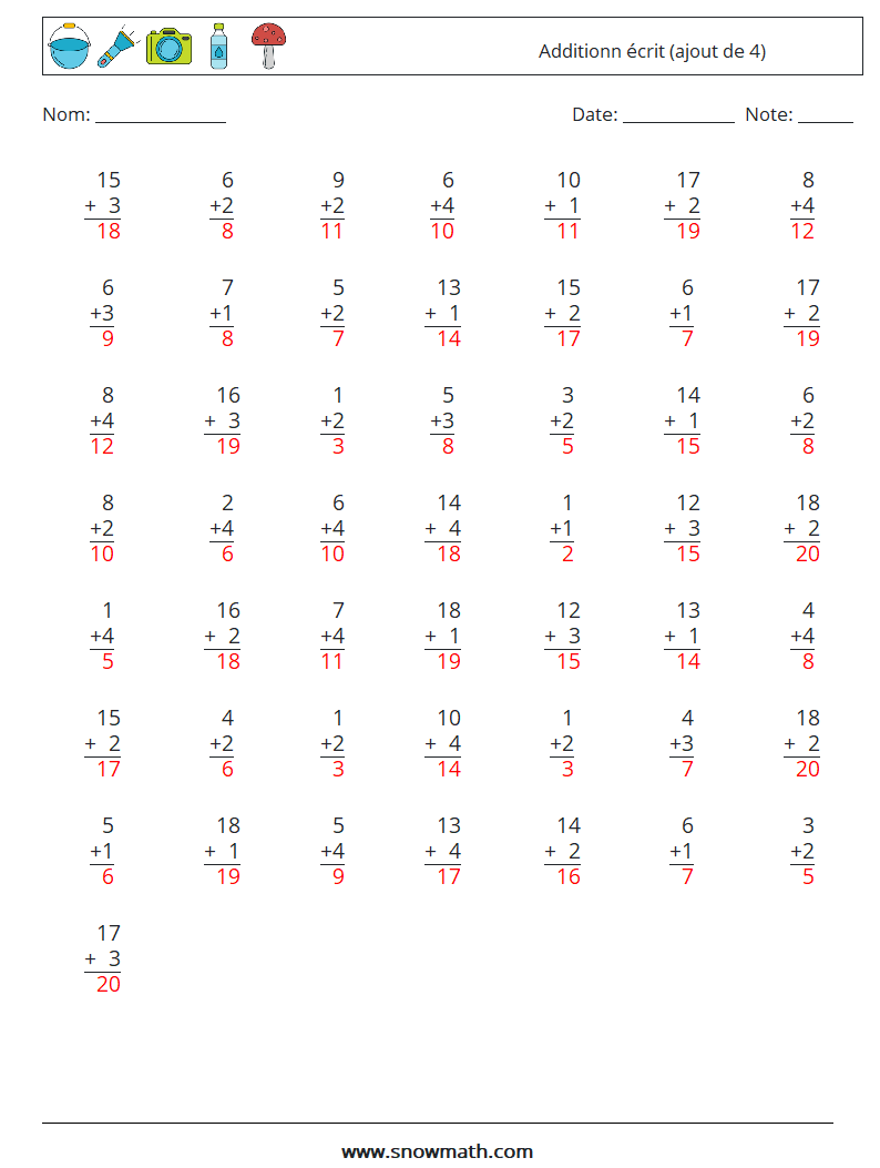 (50) Additionn écrit (ajout de 4) Fiches d'Exercices de Mathématiques 18 Question, Réponse