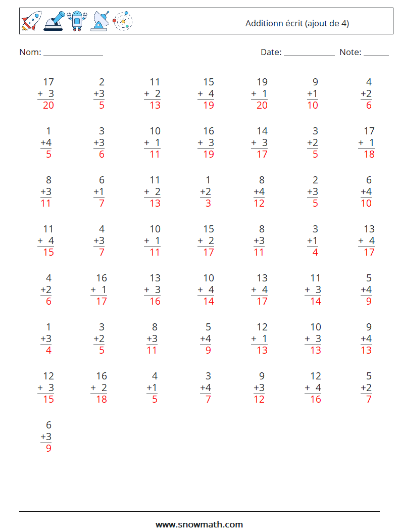 (50) Additionn écrit (ajout de 4) Fiches d'Exercices de Mathématiques 1 Question, Réponse